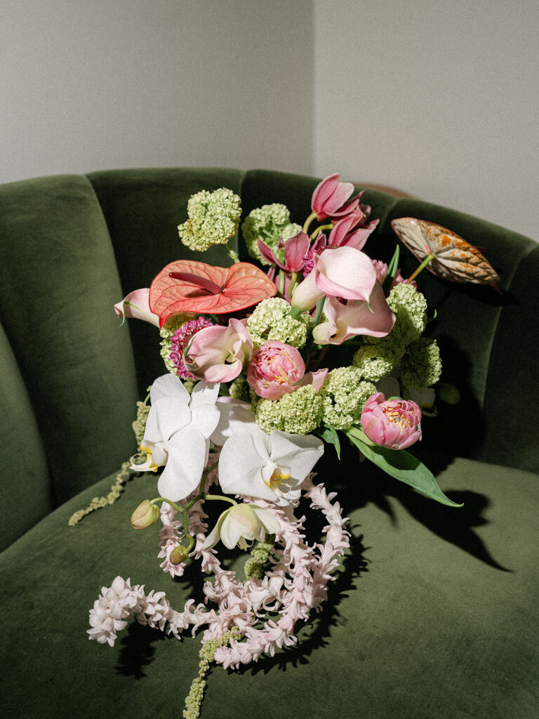 Unique bridal florals on a couch
